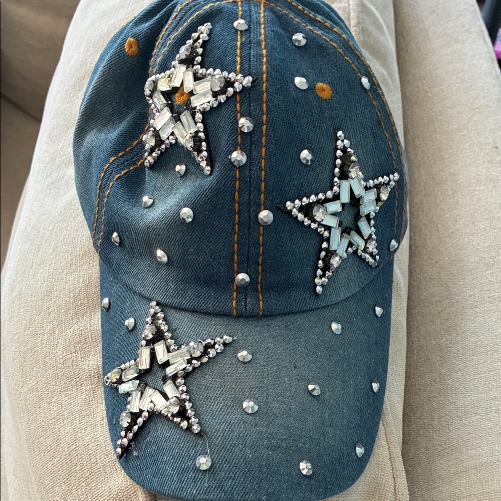 Embellished Denim Cap with Star Accents